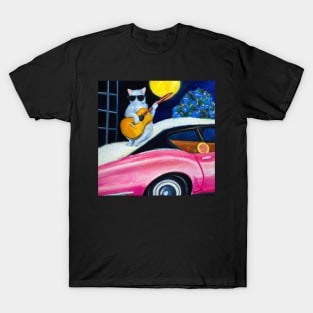 Cat playing guitar on car oil painting T-Shirt